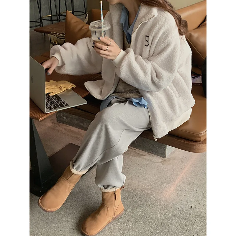 JESSIC Lamb Wool Coat Women 2021 Winter Korean Version Loose Thickening Age-reducing College Wind Jacket Cardigan