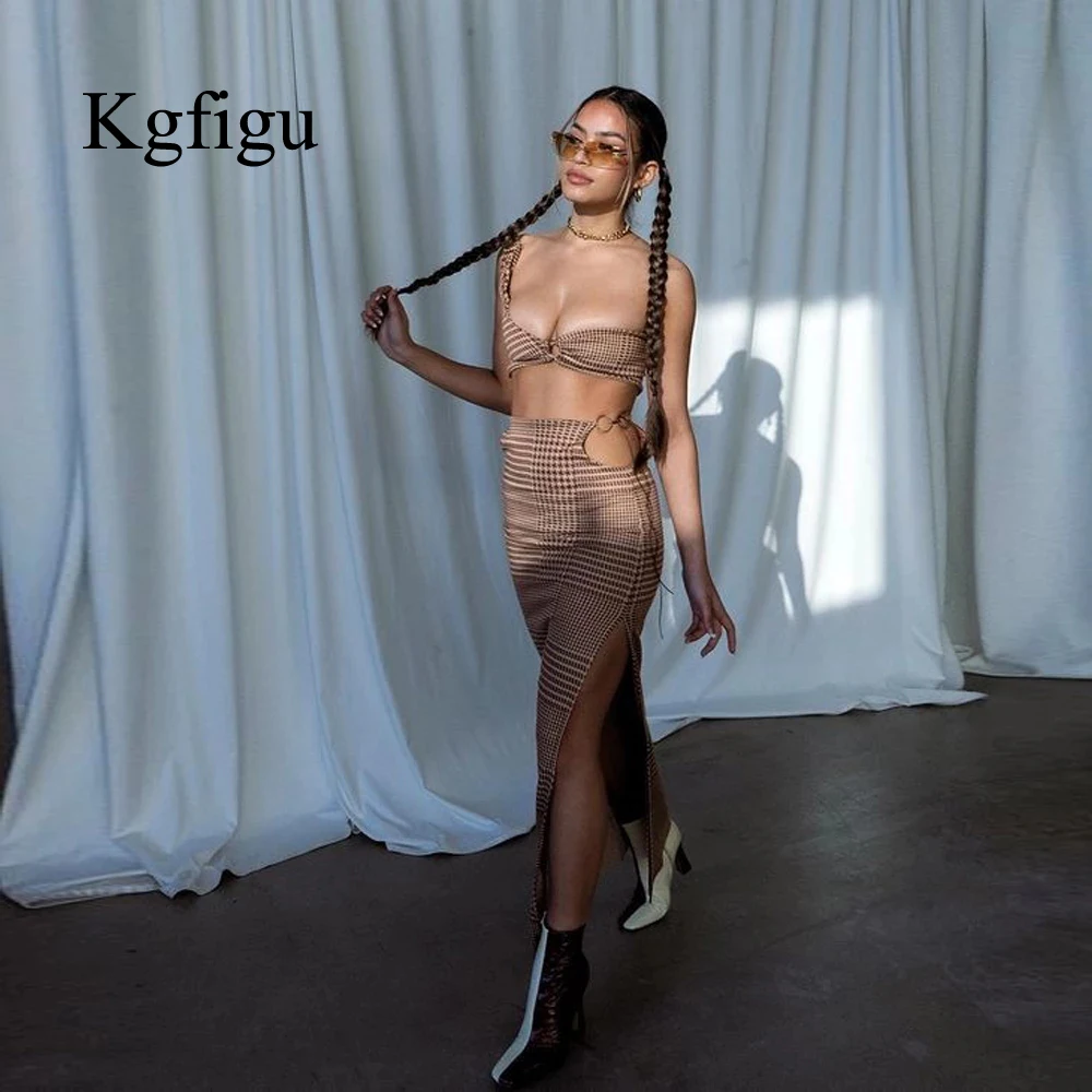 

KGFIGU One Shoulder Sleeveless Crop Tops And Long Skirt Set Sexy Plaid Slit Bodycon Dress Partywear Drop Shipping