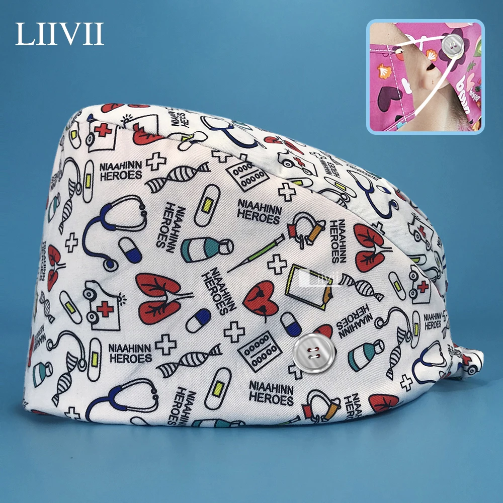 

Medical Printing Nurse Accesorios Women`s Scrubs Hats Adjustable Pet Grooming Working Hats Unisex Surgery Scrubs Caps Wholesale