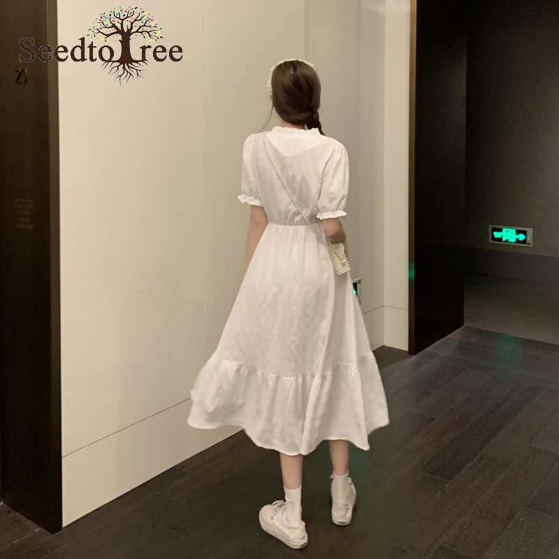 

Summer Women's New Style Korean Solid Color Dress V-neck Short Sleeve Mid-calf Long Skirt