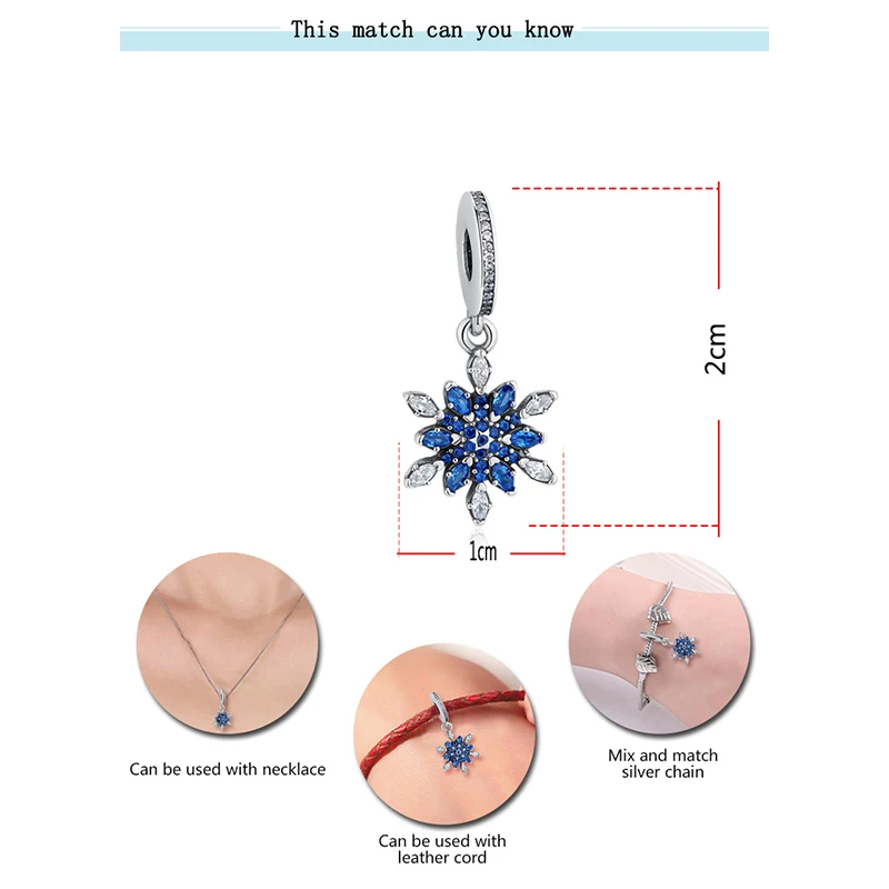 Аутентичные 925 стерлингового серебра Снежинка бусины синего цвета с украшением в
