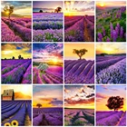 5D DIY камни в форме ромба изображение с круглыми алмазами, бледно-лиловый Алмазная вышивка закат пейзаж рукоделие Мозаика Декор для дома