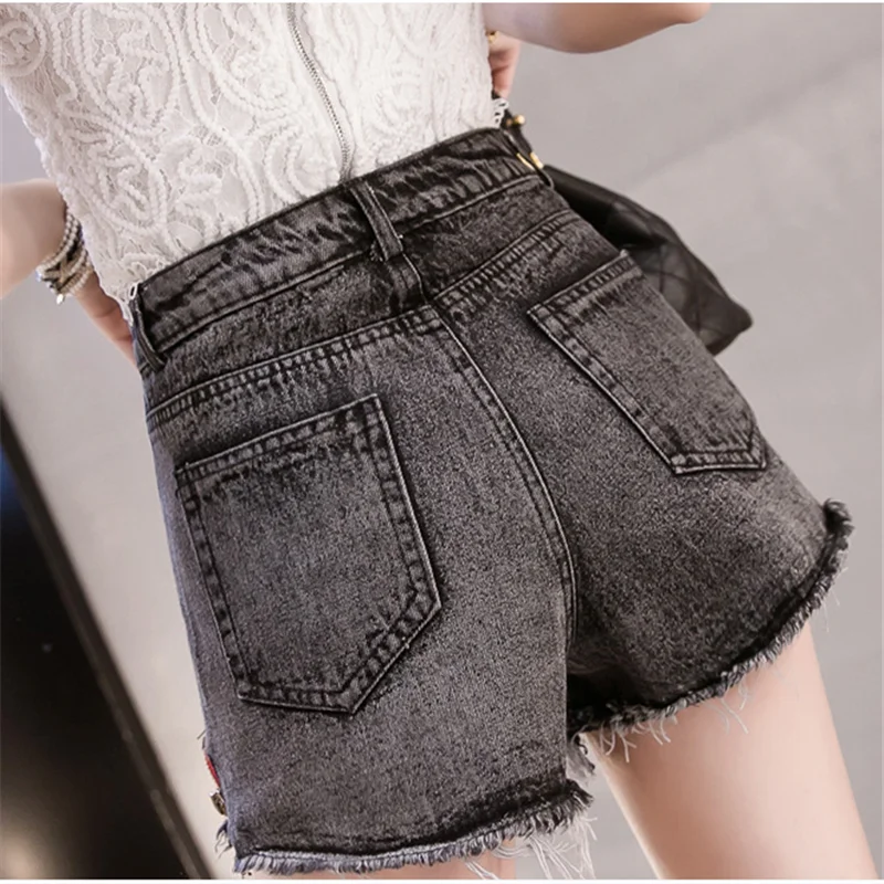 

2021 black jeans female half sequin embroidery short single-breasted irregular raw edge Women clothing denim shorts fashiond