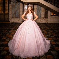 pink ball gown quinceanera dresses off shoulder 3d flowers sweet 16 dress party wear bridal boutique princess dress xv a%c3%b1os