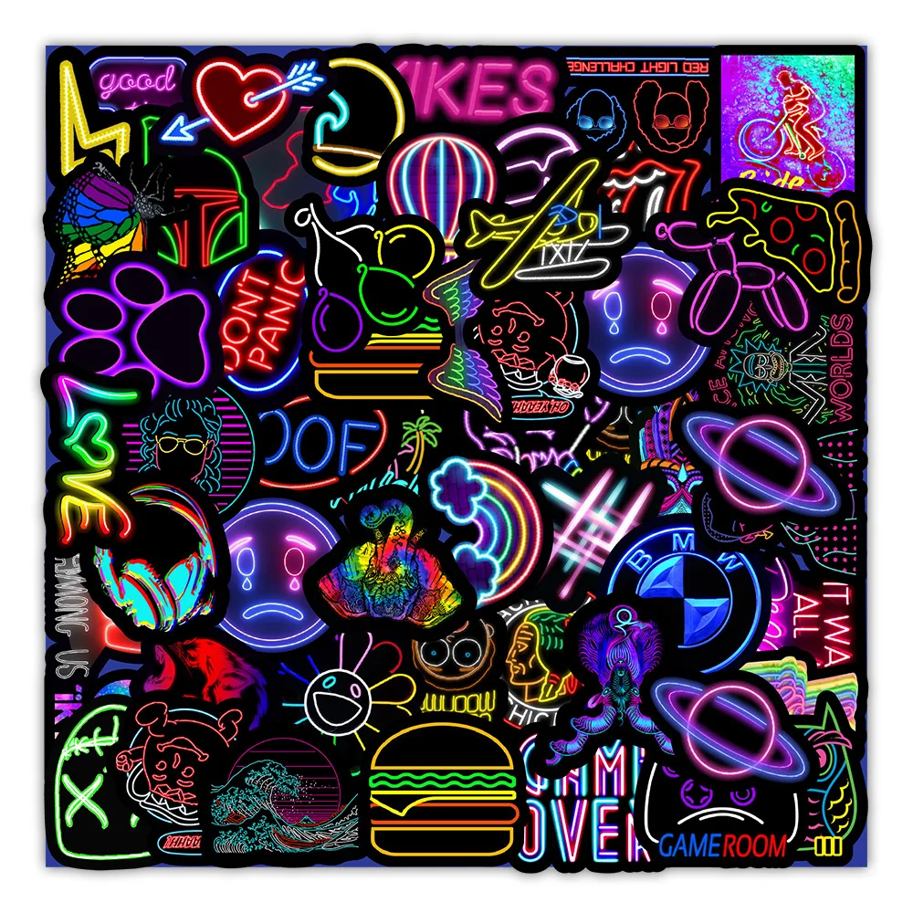 

10/30/50Pcs Neon Light Graffiti Cartoon Stickers Guitar Motorcycle Luggage Suitcase Decal Sticker DIY Classic Toy for Kids