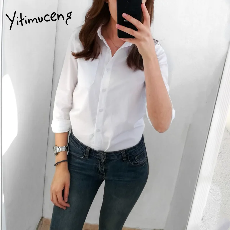 Женская белая блузка с длинным рукавом Повседневная Свободная из хлопка большие