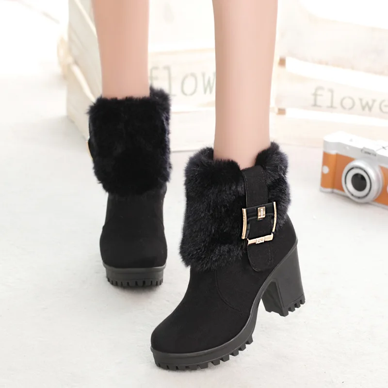 

Warm Fur Snow Boots Women Classic Buckle Ladies Boots High Heels Black Platform Ankle Boots Square Heel Winter Women Shoes New