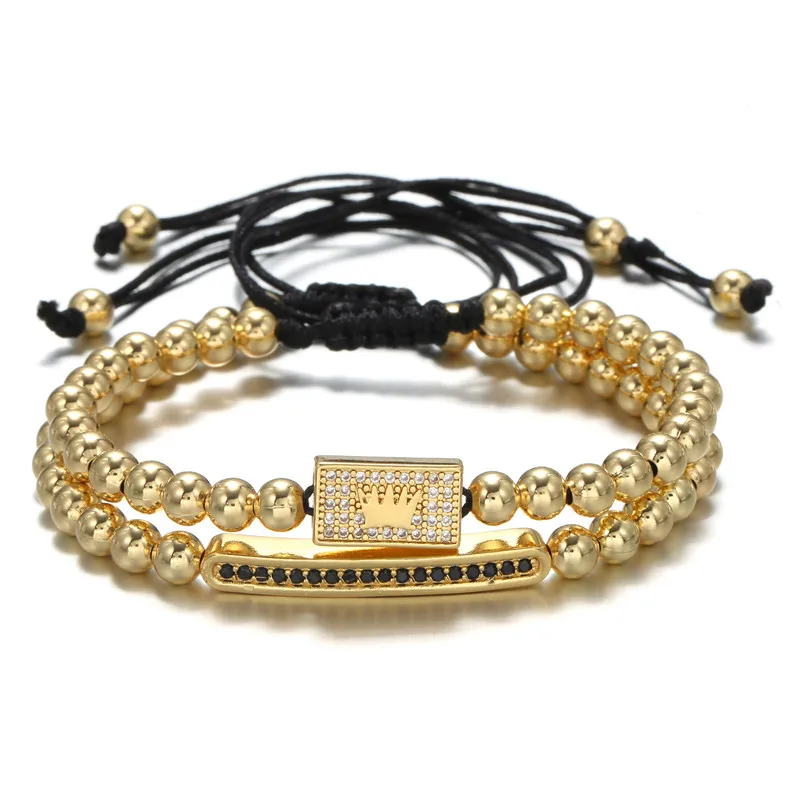 

Комплект из плетеного браслета для мужчин, с короной из фианитов, 2 шт./компл., бусины золотистого цвета