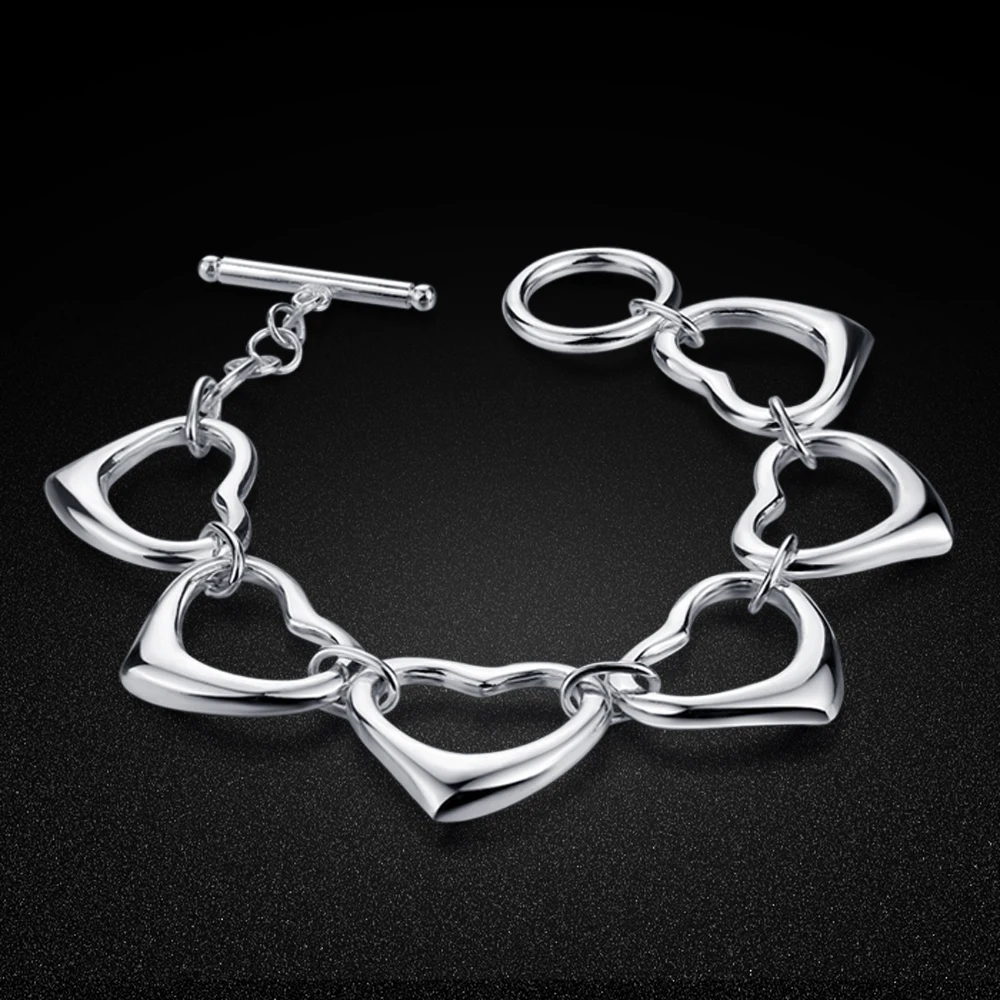 Женский браслет из серебра 925 пробы с сердечками|Гибкие и жесткие браслеты| |