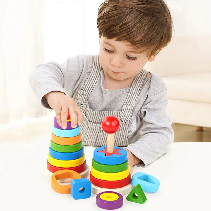 

wooden rainbow stacking ring tower game montessori Toys Educational For Kids shape matching game kids color Cognition toy