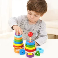 wooden rainbow stacking ring tower game montessori toys educational for kids shape matching game kids color cognition toy