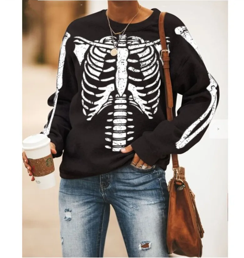 

Женский свитшот в готическом стиле, черный пуловер с круглым вырезом и принтом скелета, одежда для Хэллоуина 2021