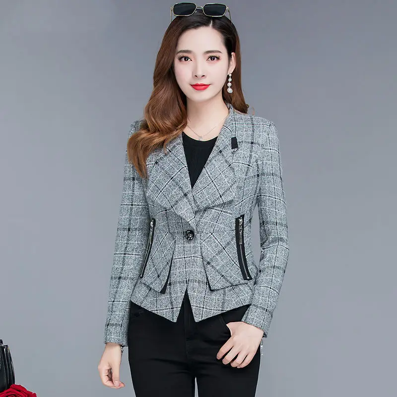 

Short Plaid Ladies Jacket 2021 Spring and Autumn New Korean Elegant Slim Long Sleeve Coat Plus Size Casual Women's Outwear Tops