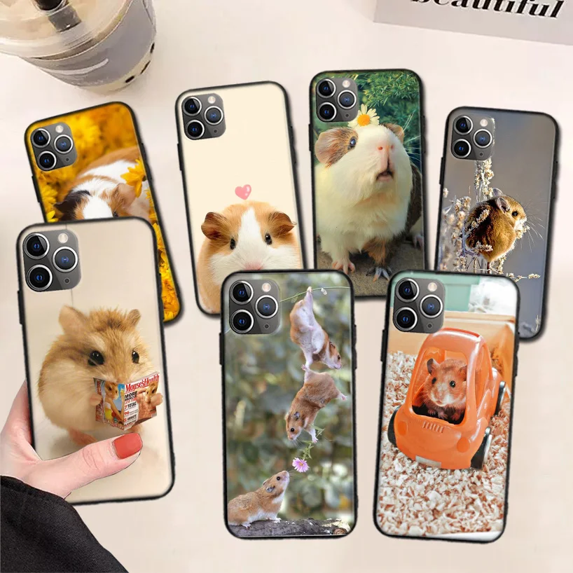 

Cute Lovely Pet Hamster Black Phone Case For Apple iPhone 11 13 Pro Max 12 Mini X XS XR 7 Plus 6 6S 8 + SE 5S Pattern Cover
