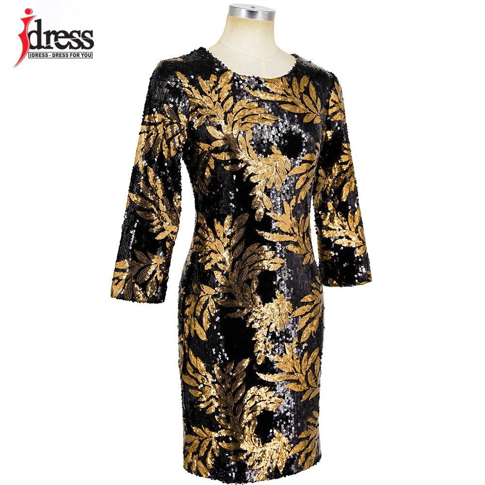 IDress/Модная одежда; ; облегающее платье до колена с длинными рукавами и круглым вырезом; вечерние Клубные платья с пайетками в стиле пэчворк с зелеными листьями