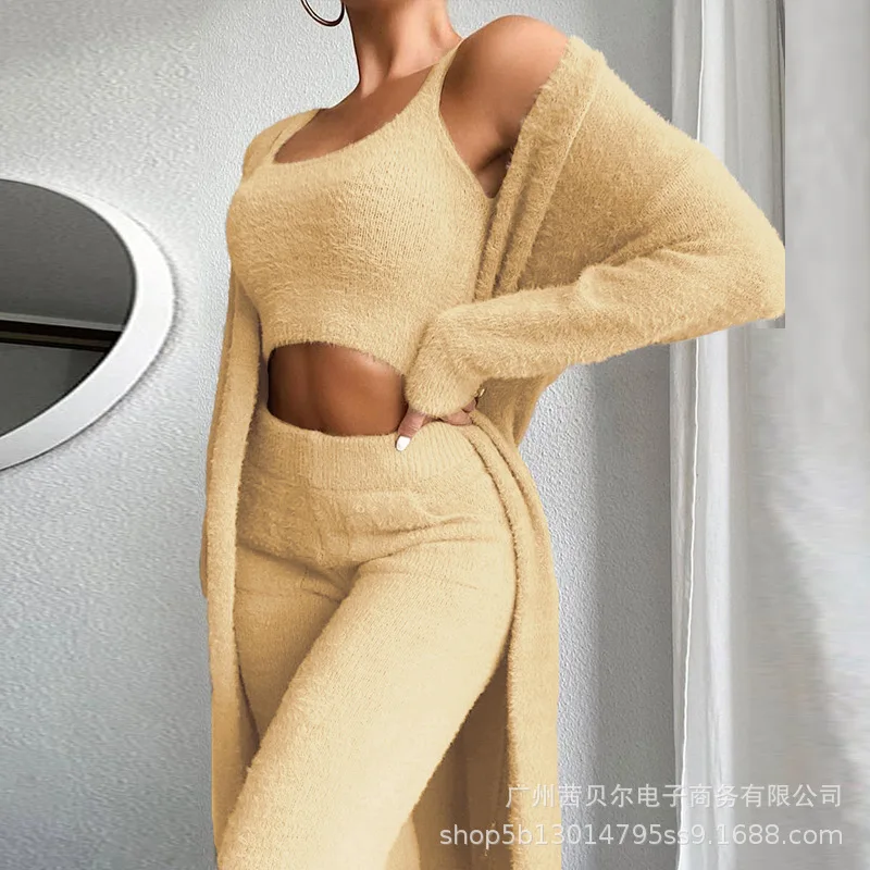 

Women Suit Solid Color Autumn Knit Sling Cardigan High Waist Trousers Slim Pencil Pants Temperament Commuter Three-piece Suit