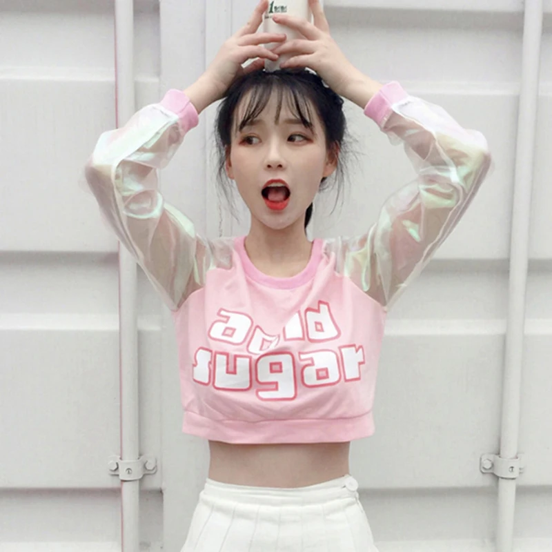 

ACID SUGAR cute kawaii short laser transparent Harajuku letter casual short tops stitching long sleeve fun sexy female T-shirt