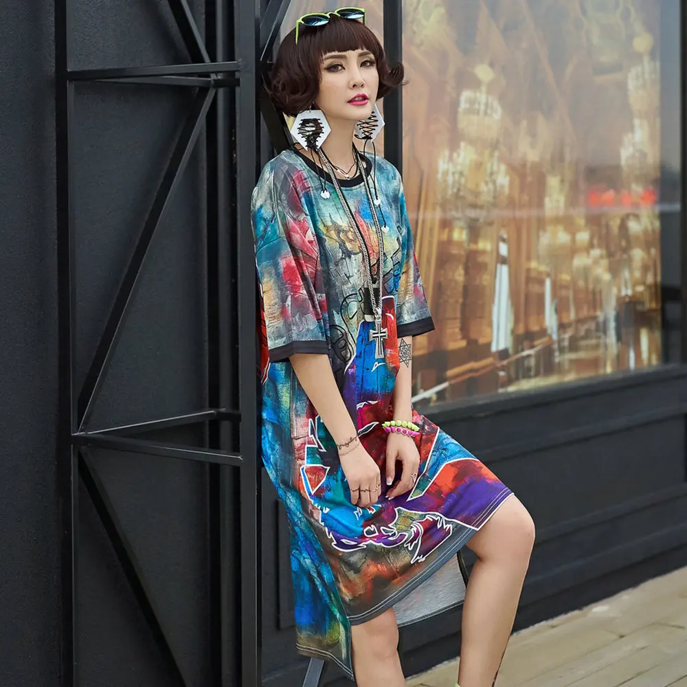 

Women Graffiti Print Summer Tshirt Dress 2020 Asymmercal Plus Size Loose Vestido Harjuku Colourfull Fashion Hip Hop Long Tees
