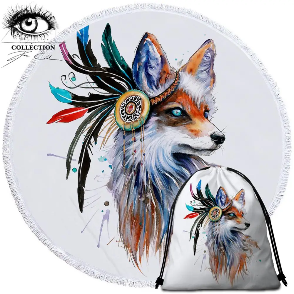 Большое круглое пляжное полотенце Fox by Pixie Cold Art акварельное банное из микрофибры