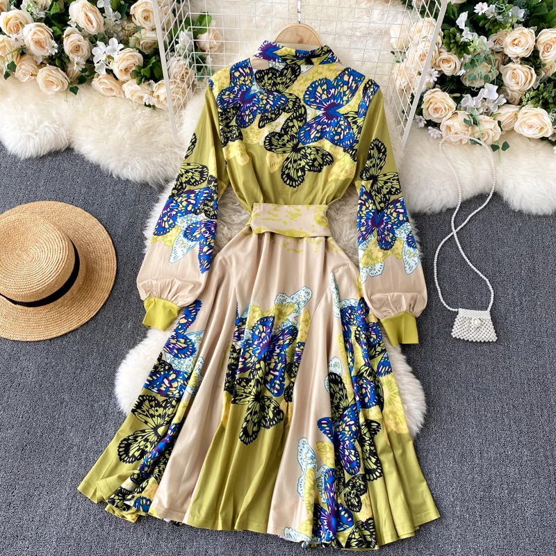

Spring Autumn Fashion Lantern Sleeve Floral Print Single Breasted Dress Women Clothing 2021 Casual Sashes Vintage Aline Vestidos
