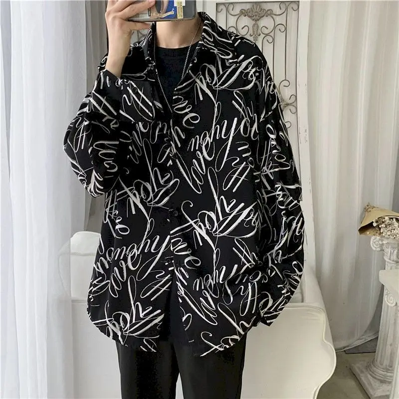 

Trendy Long-sleeved Blouses Men Button Up Shirt Student Korean Loose Autumn/winter Harajuku BF Hong Kong Printed Shirts Clothes