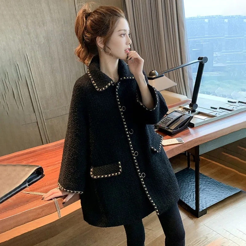 

2021 Luxury Desinger Autumn Winter Women Wool Jackets Korean Loose Retro Outerwear Ladies Lapel Mid-length Woolen Coat Female