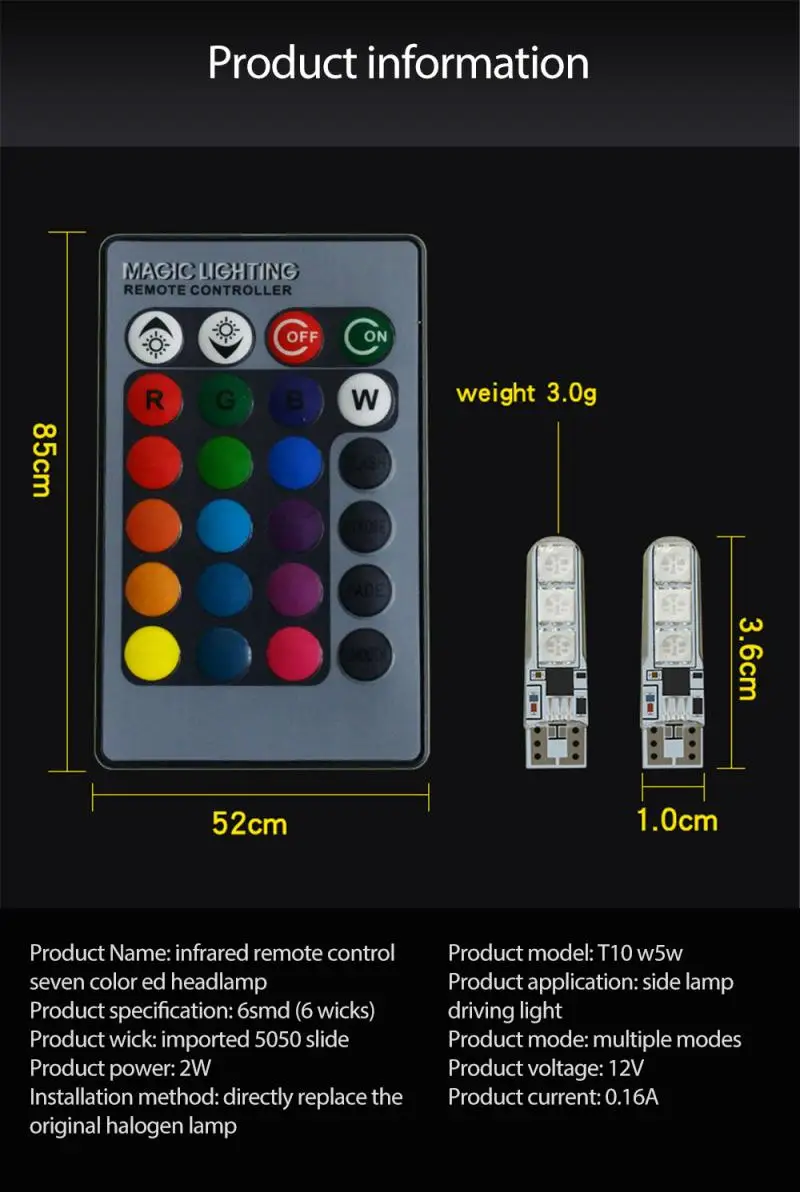 2x RGB Remote Control Car LED Light T10 5050 6SMD Colorful Multi Mode Bulbs With Controller Parking lamp | Автомобили и мотоциклы