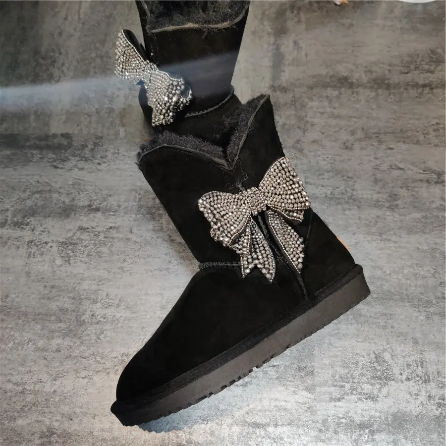 

Tide brand snow boots women's new heavy industry diamond bow middle tube warm leather wool boots