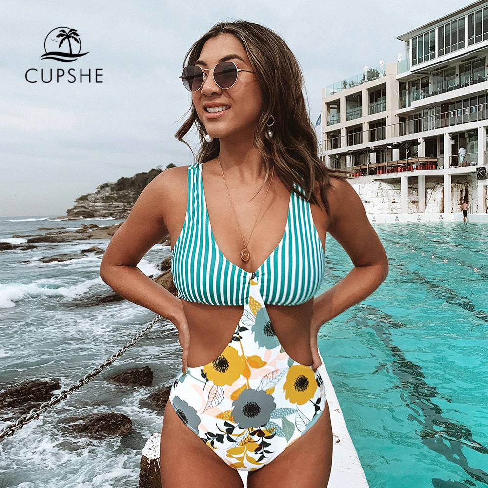 CUPSHE Aqua полосатый и цветочный с вырезами Цельный купальник сексуальный высокой