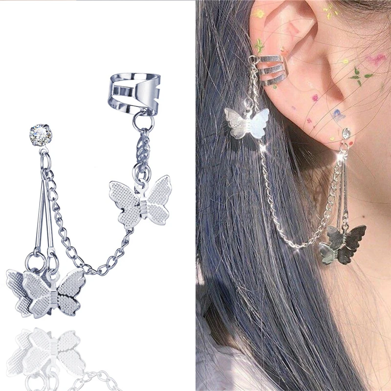 

2021 Fashion Geometric Butterfly Clip Earring For Teens Women Ear Cuffs Cool Jewelry Retro Chain Long Hanging Earings Metal Gift