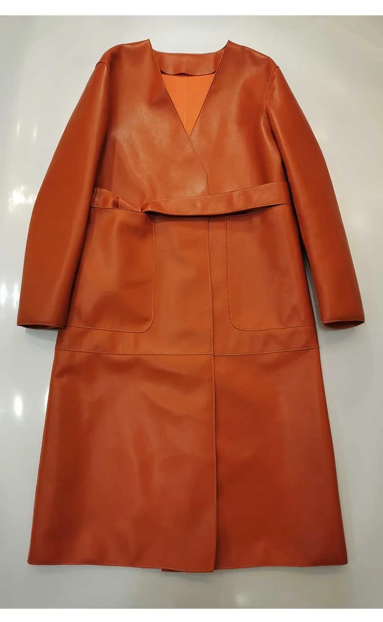 

Long style real sheepskin coats women spring new brand genuine leather jacket with belt V-neck clothing solid