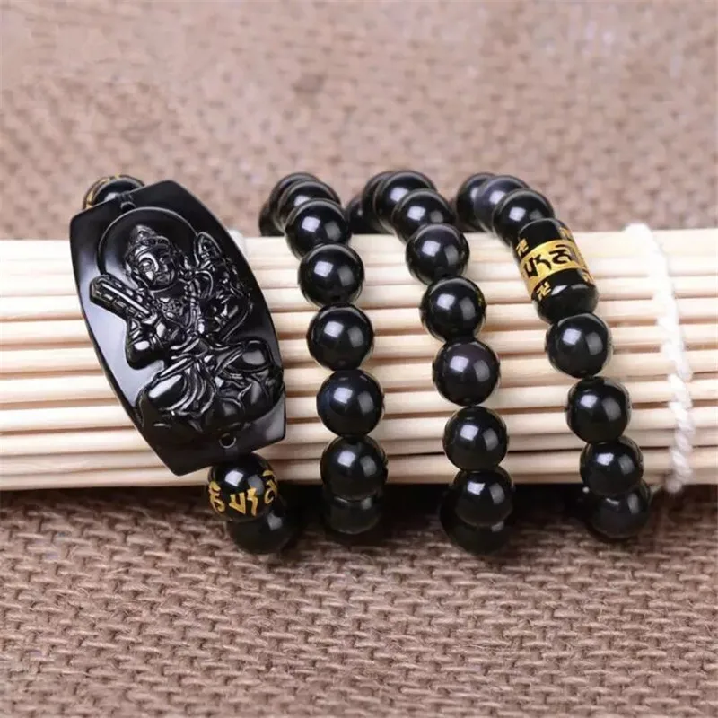 Drop shipp Black Obsidian Beaded Bracelet Hand Carved Buddha Amulet Buddhism Zodiac Patron Saint | Украшения и аксессуары