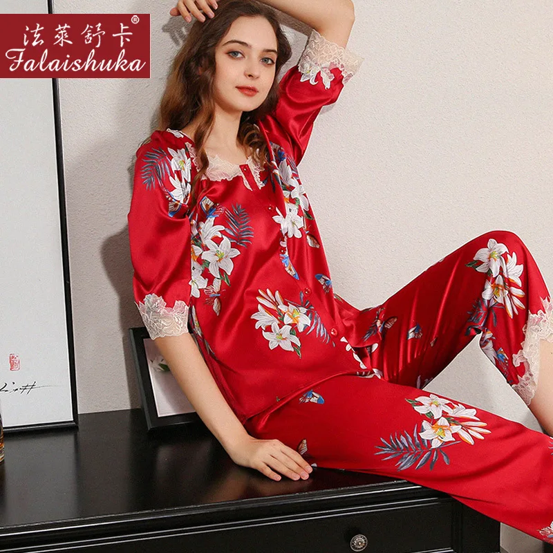 Woman 100% Sexy Silk Pajamas Sets Floral Print Red Pink Sleep Wear 2021 Summer Home Wears Two Piece Pajamas Suit Sleepwear
