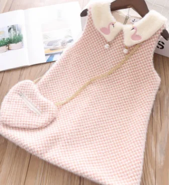 Autumn Winter 2019 Girls Chequered Vest Dress Pearl Swan with Love Bag Doll Collar Children Waistcoat Dresses Wholesale | Детская одежда