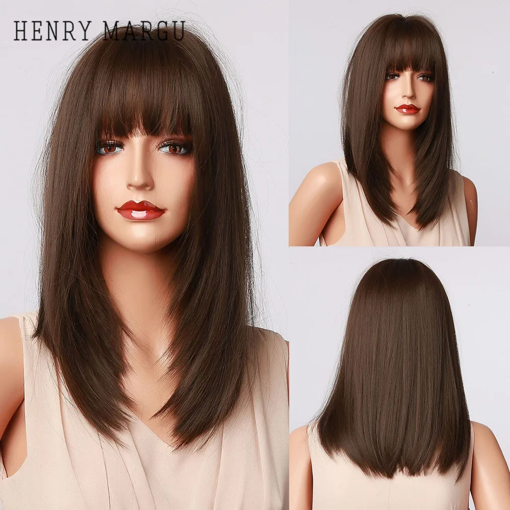 

HENRY MARGU Long Synthetic Bob Wigs With Bangs Straight Natural Dark Brown Ombre Wigs for Women Daily Party Wigs Heat Resistant