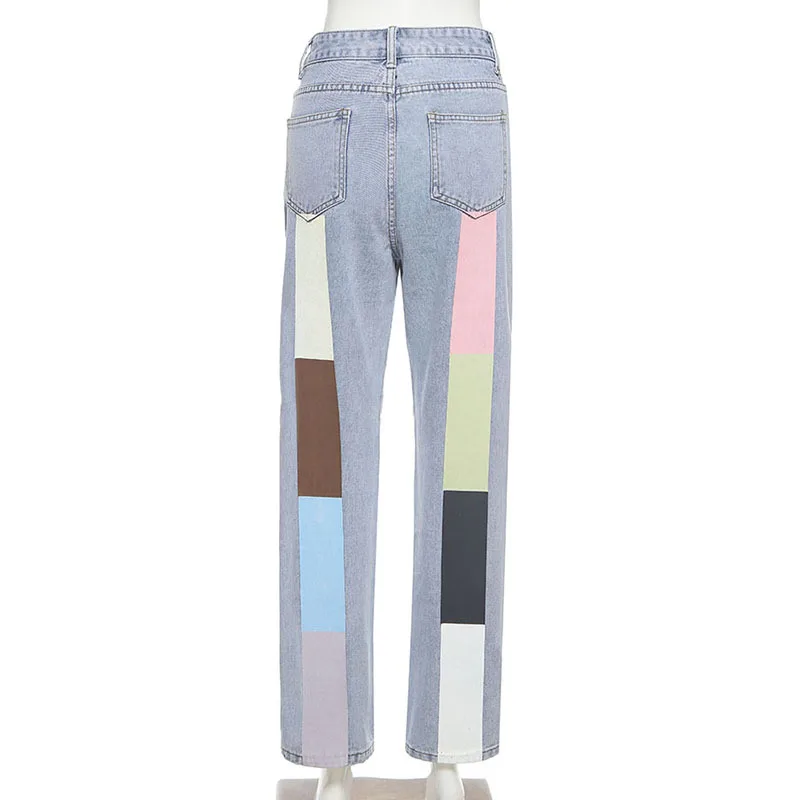 

Colorful Women Jeans Pants 2021 Korean Fashion Streetwear Color Blocked High Waist Light Wash Mom Jeans Pure Cotton Denim Pants