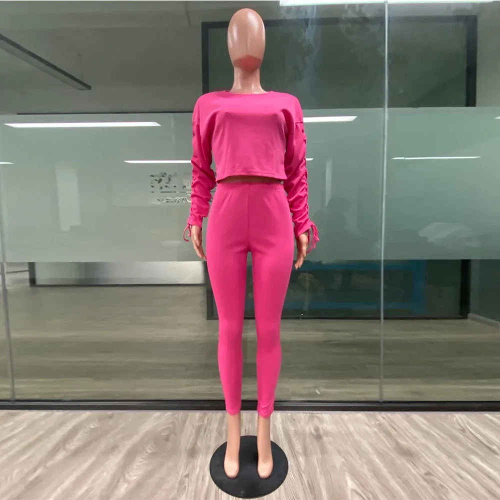 

Elastic Hight 2 Piece Matching Sets Woman Knitted Suit Stacked Drawstring Long Sleeve Crop Top and High Waist Skinny Pant Suits