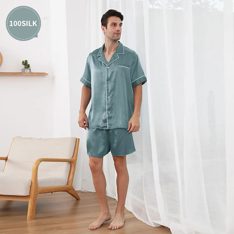 22 MM mulberry silk new pajamas men's short-sleeved shorts set silk comfortable 100 mulberry silk sleepwear