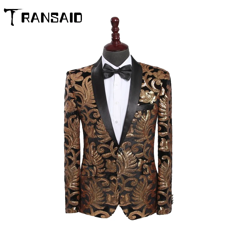 Мужской блейзер с лацканами черный бархатный золотыми цветами и блестками