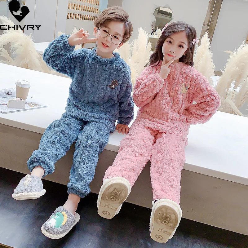 New Kids Soft Flannel Pajama Sets Boys Girls Autumn Winter Thicken Warm Home Wear Children Long Sleeve Sleeping Clothing Sets