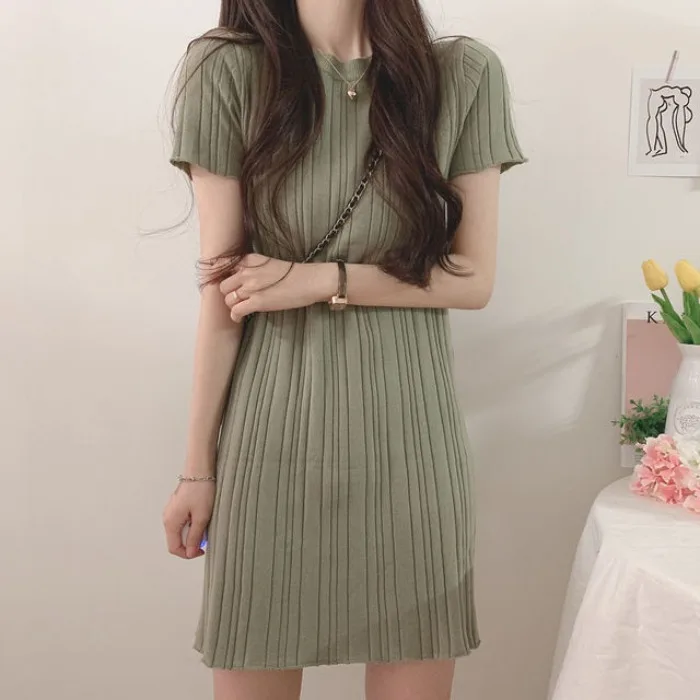

PPSHD Sunken Stripe Short Sleeve Knitted Dress round Neck Multicolor Ice Silk A- line Skirt