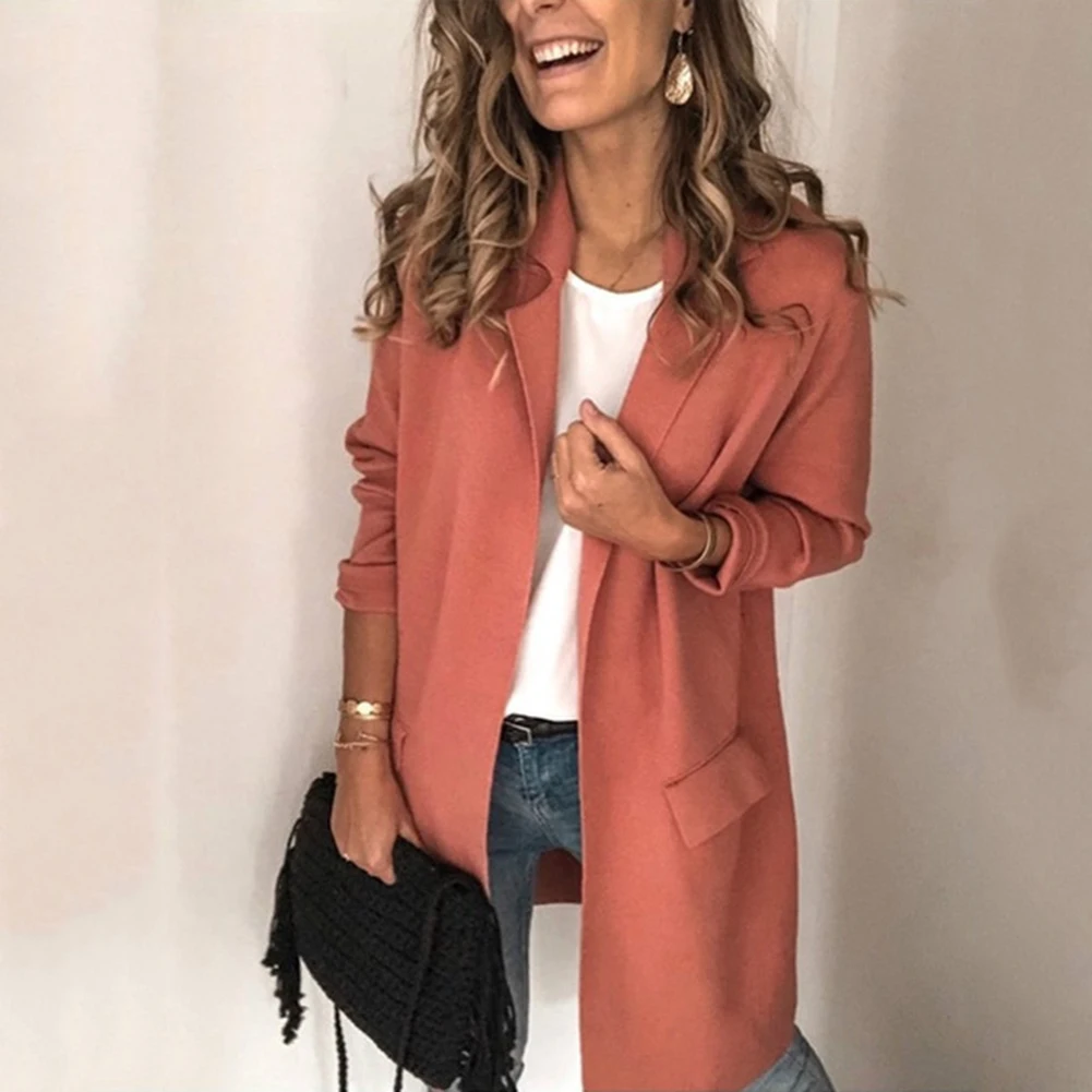 

Office Lady Autumn Solid Color Lapel Collar Pockets Decor Slims Fit Blazer Jacket XXXL