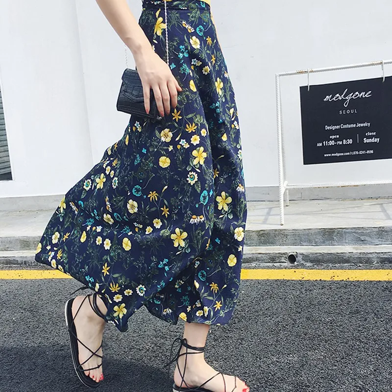 

Women's Floral Printed Side Slit Lace Up Chiffon Skirt