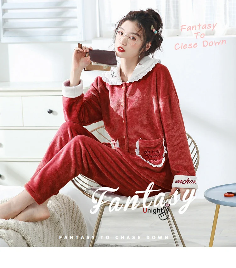 

5XL 6XL Winter Warm Coral fleece Flannel Pajamas Sets Women Sleepwear Pijama Nightwear Cardigan Pyjamas Home Clothes Plus Size