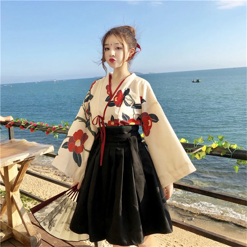 2019 Kawaii японский стиль летнее модное кимоно с цветочным принтом Haori для девочек