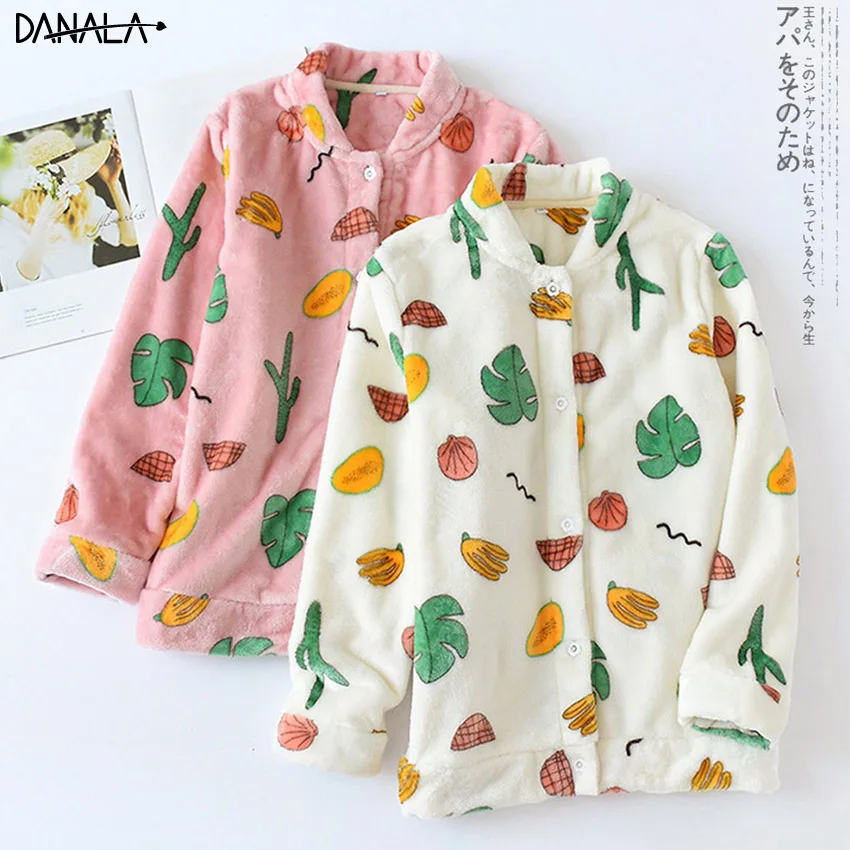 DANALA, Осень-зима, женские пижамы, наборы, мягкие, плотные, фланелевые, цветочный принт, отложной ворот, длинный рукав, пуловер, теплая одежда для сна, топы
