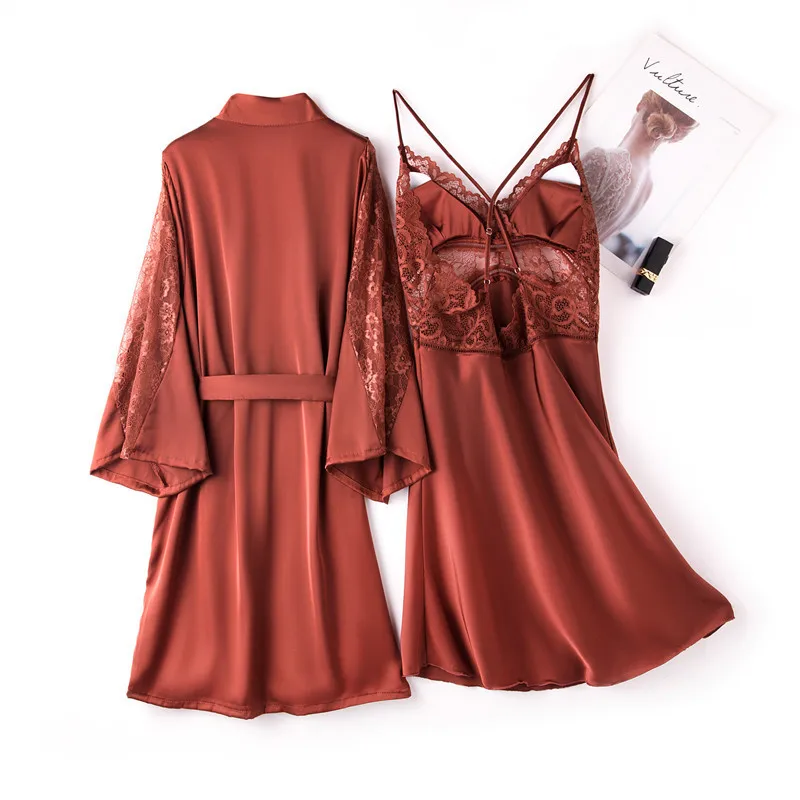 

Sexy 2 Pieces Women Pajamas Sets Faux Silk Pajamas Sleepwear Sets Embroidery Lace Bath Gown Wedding Night Dress Robe With Belt