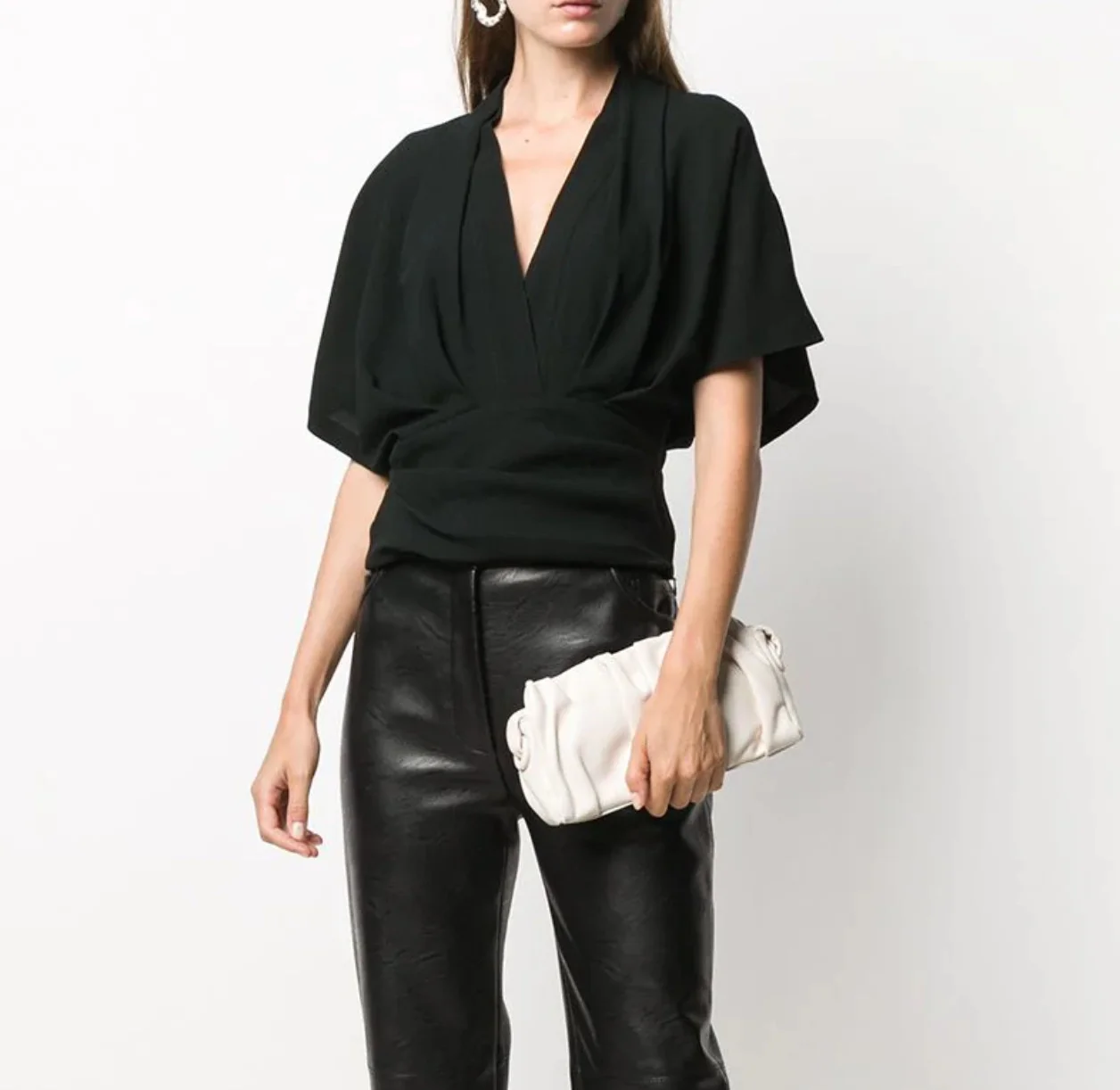 

Women V-Neck Black Blouse Waist Slim Short Sleeve 2021 Spring Summer Ladies Pleated Shirt and Tops