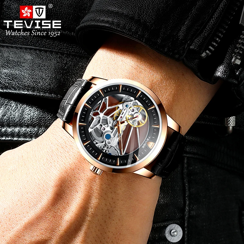 

Tevise Automatic Mechanical Men's Hand Fashion Watch Leather Strap Creative Hollow Transparent Male Watch Top Luxury Brand Watch