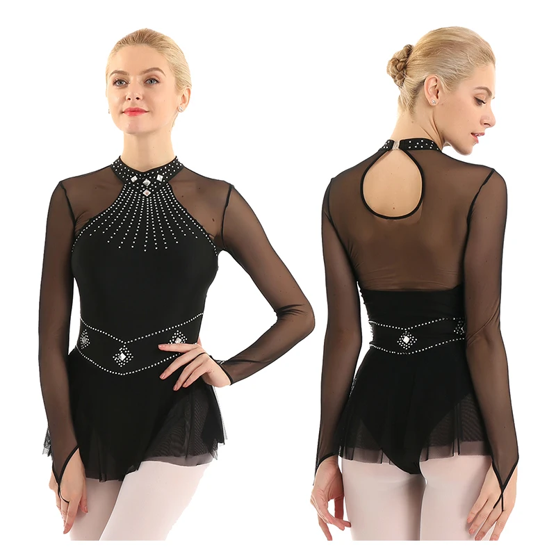 

TiaoBug Adult Shiny Rhinestones Long Sleeve Mesh Splice Ballet Gymnastics Leotard Women Figure Ice Skating Dress Dance Costume